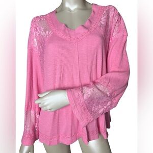 POL Pink Lace-Trim Ribbed Long-Sleeve Blouse